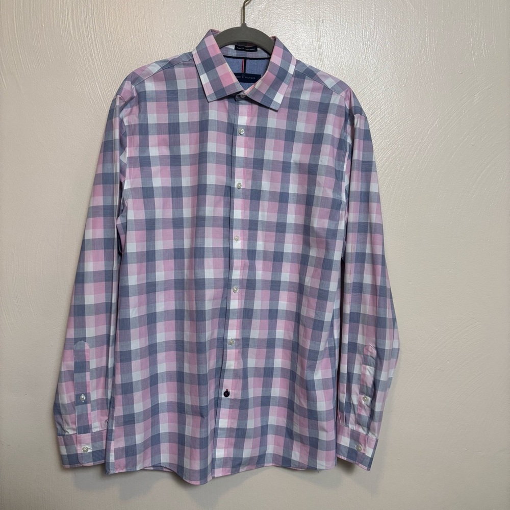 Tommy Hilfiger Men's Shirt‎ Button Down Long Sleeve Plaid Pink Navy Slim Fit